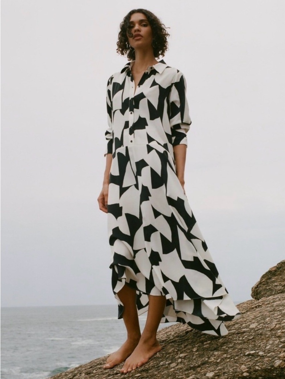 ZARA WOMAN ASYMMETRIC LONG PRINTED DRESS BLACK WHITE Size S